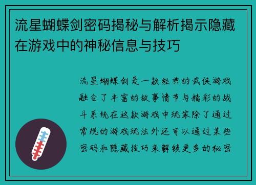 流星蝴蝶剑密码揭秘与解析揭示隐藏在游戏中的神秘信息与技巧
