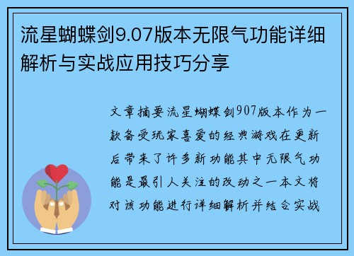 流星蝴蝶剑9.07版本无限气功能详细解析与实战应用技巧分享